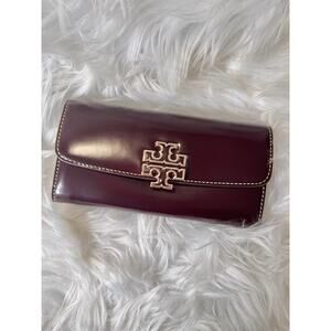 NEW $320 Tory Burch Britten Flap Envelope Wallet Tempranillo Brown Shiny Leather